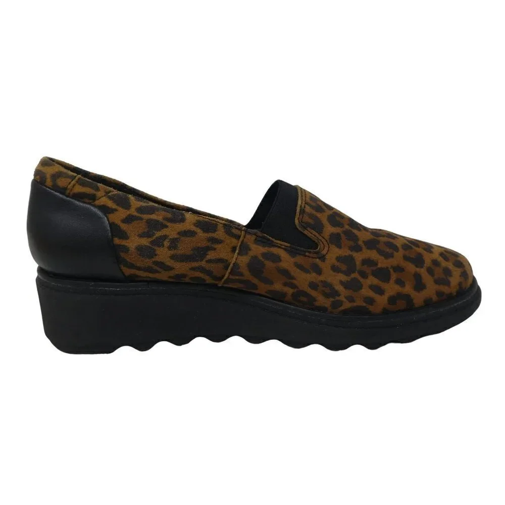 Clarks Collection Sharon Dolly Leopard Print Suede Wedge Heel Shoes Womens 7